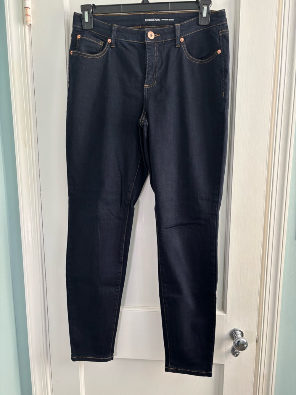 INC International Concepts Dark Indigo Skinny Jeans with Copper Accents